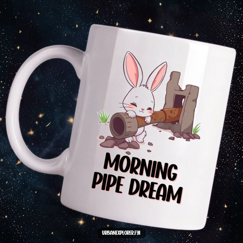 Funny mug featuring a curious bunny character examining a rusty, abandoned-looking pipe, highlighting inquisitiveness and humor.