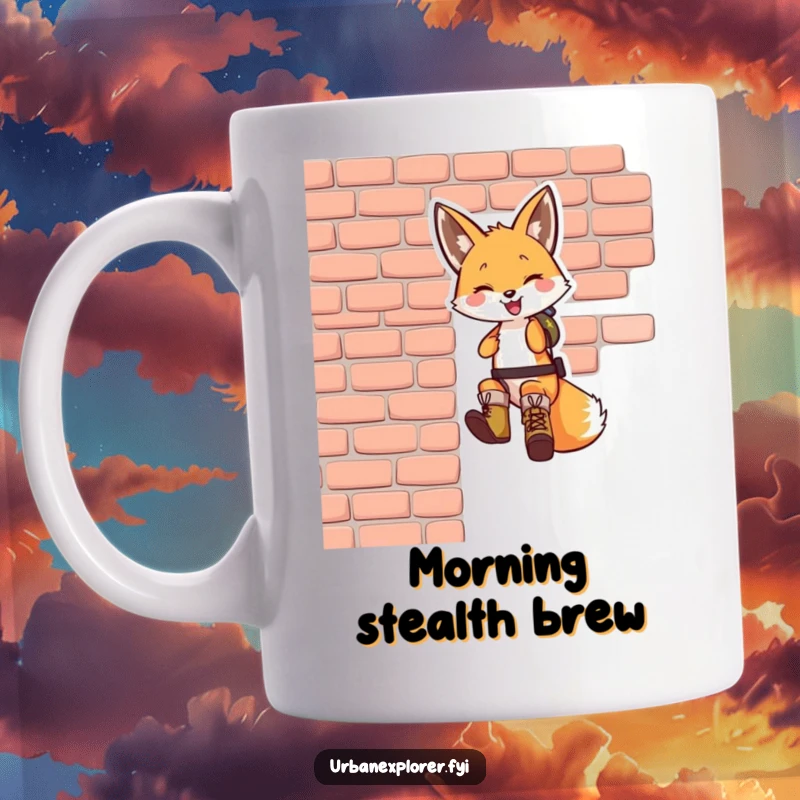 Funny fox mug: a smiling fox wearing tiny boots, confidently rappelling down a brick wall, showcasing bravery and mischief.