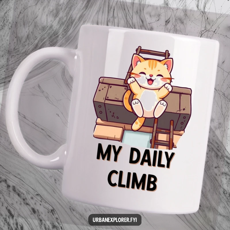 Funny Kawaii cat mug showing a happy cat swinging playfully off a rusty fire escape ladder with urban flair.