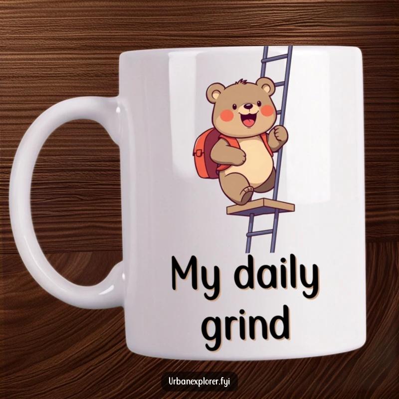 Funny mug with a gleeful bear scaling a fire escape with a backpack, ready for an exciting urban journey. A comical illustration.