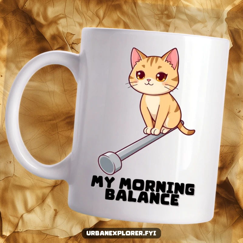 Funny cat mug with a determined feline balancing precariously on a narrow pipe, looking confidently ahead, ready for anything.
