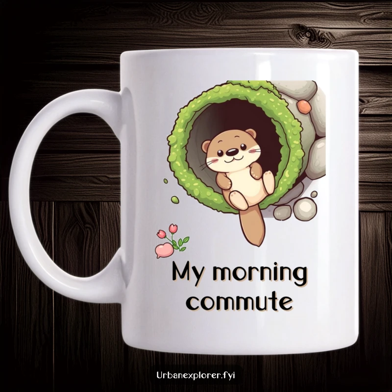 Funny Mug featuring a playful otter character joyfully sliding down a moss-covered drainpipe, capturing a moment of pure, slippery fun.