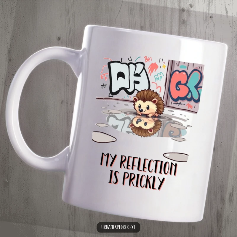 Funny curious hedgehog reflected in a puddle near a graffiti-covered wall, shown on a stylish mug.