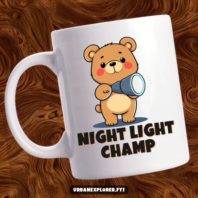 Funny Chibi bear holding a bright flashlight in the dark, looking cute and slightly nervous, perfect for a cozy, humorous morning.
