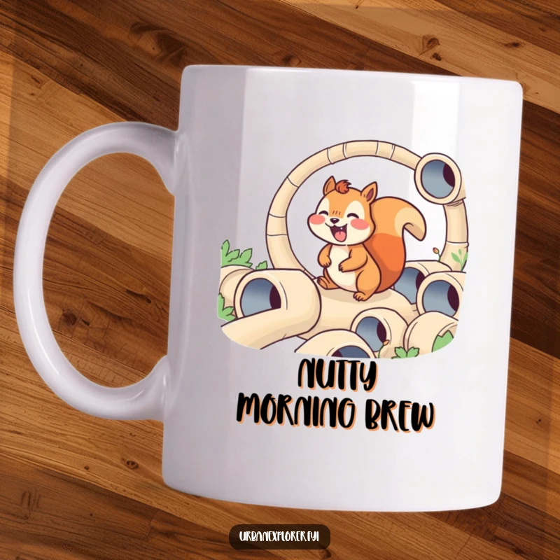 Funny mug showcasing a joyful squirrel expertly maneuvering through a complex maze of tiny pipes. A whimsical and humorous scene.