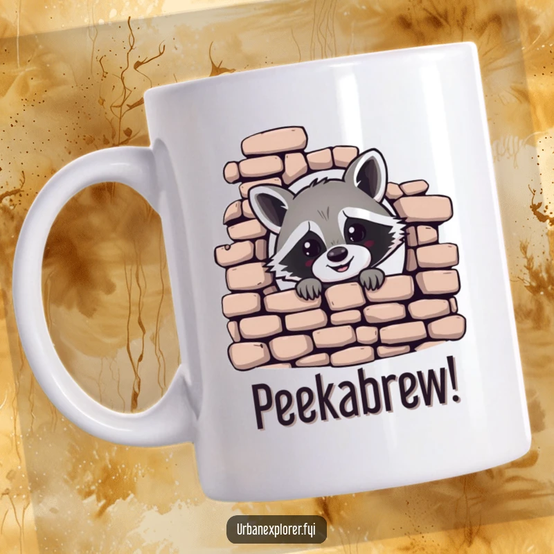 Funny mug featuring a cheerful raccoon peeking mischievously from behind a crumbling brick wall, bringing humor and personality.