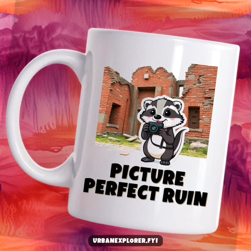 Comical badger holding a camera in front of a crumbling brick building, ready for a funny photo op.