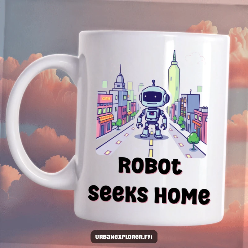 Funny robot mug, pixelated cityscape, lost robot, retro gaming art, cartoon character gift.