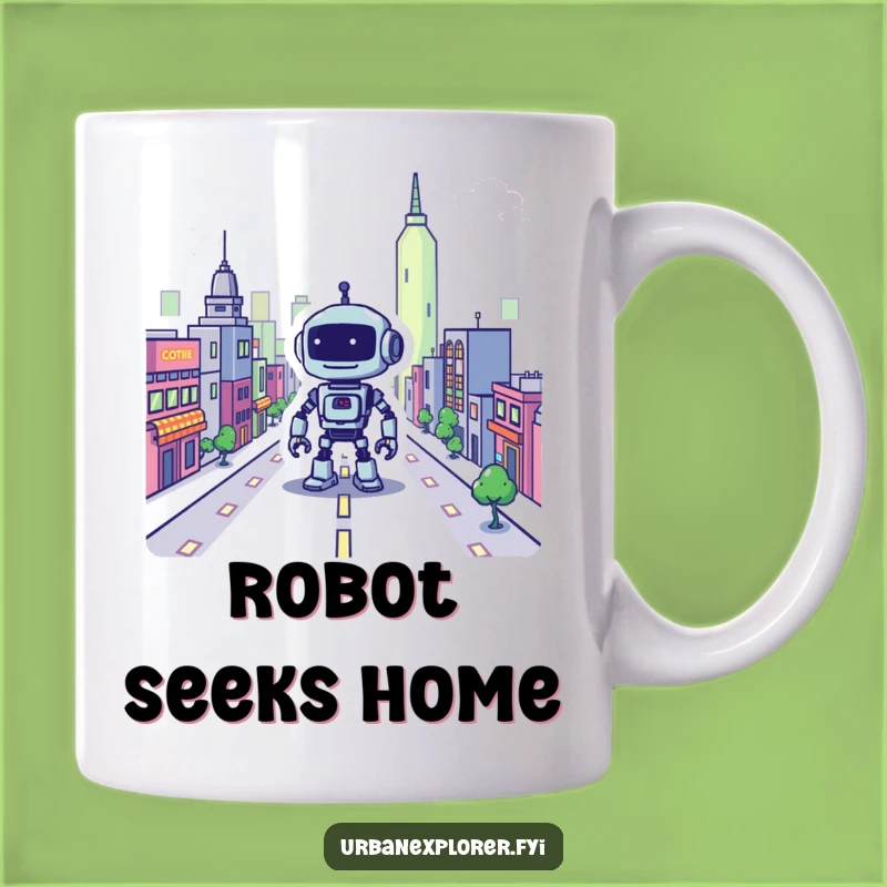 Funny Lost Robot Pixel City Mug: Retro Cartoon Gift for Gamers and Techies