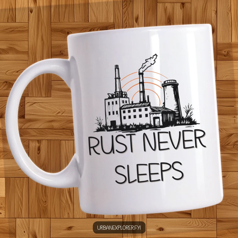 Funny factory mug, abandoned building sunset, sketchy outline art, nostalgic drinkware, humorous gift for artist.