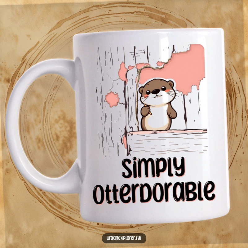 Funny Otter Mug featuring a cute cartoon otter with a notepad, documenting peeling paint on a vintage wall with a humorous expression.