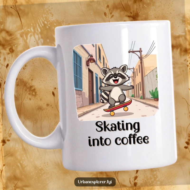 Funny Mug: A joyful Kawaii raccoon character confidently riding a skateboard down a deserted alley with a happy expression.