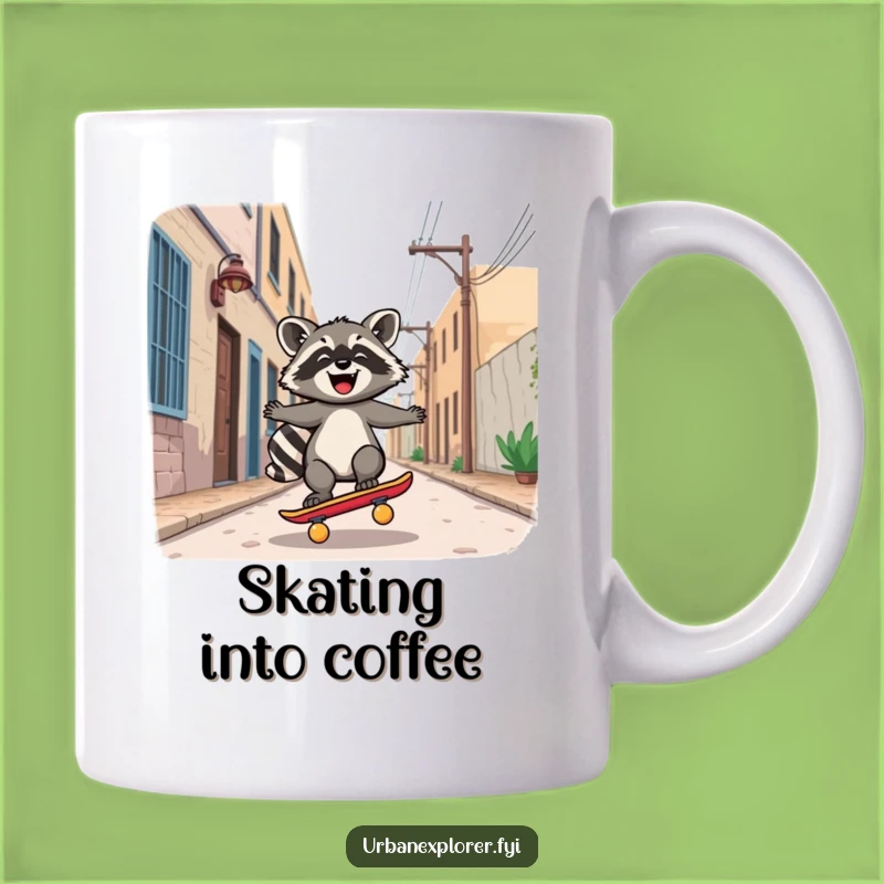 Funny Kawaii Raccoon Skateboard Mug: Joyful Rider Shreds Deserted Alley!