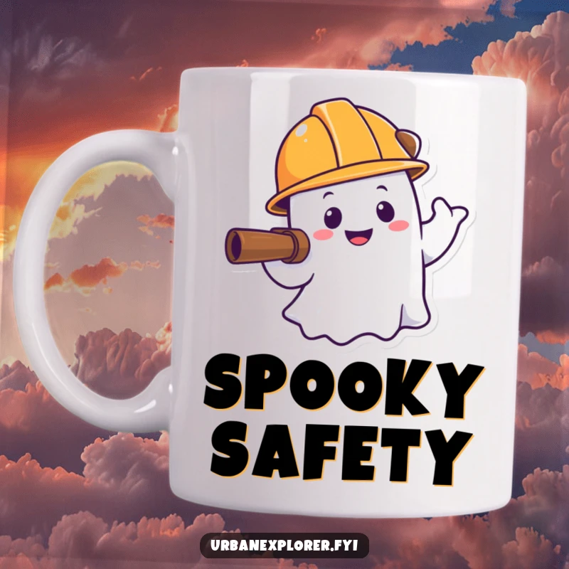 Funny ghost mug, smiling ghost exploring, hard hat, construction humor, cartoon character gift.