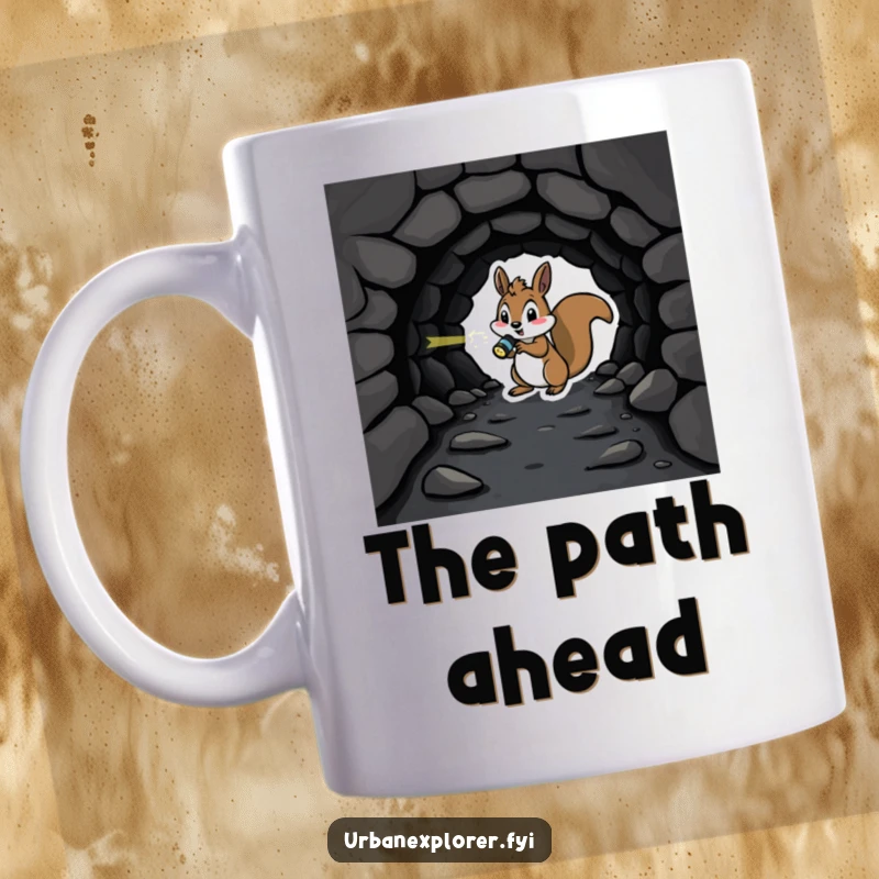 Playful squirrel with a flashlight investigating a dark, forgotten tunnel, bringing a humorous sense of adventure.