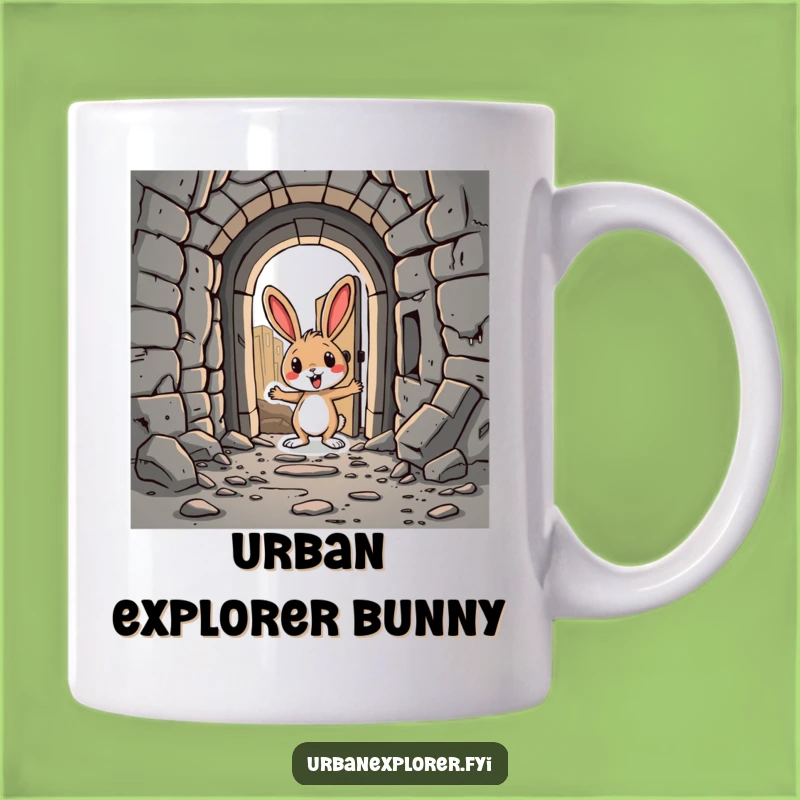 Funny Rabbit's Discovery Mug: Hidden Doorway in Abandoned City, a Quirky Gift