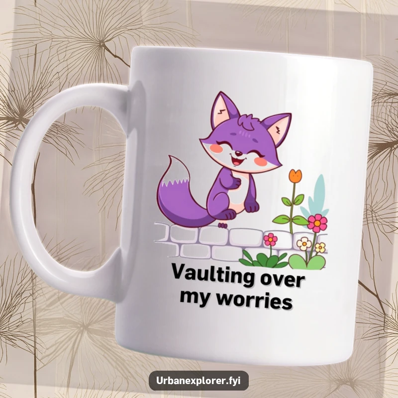Funny purple fox with a determined grin happily scaling a low garden wall, bringing a smile to your face.