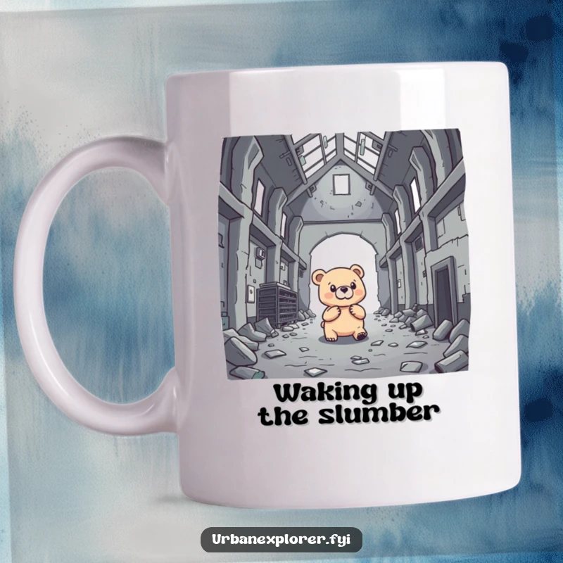 Funny brave bear investigating an abandoned warehouse, ears perked, on a sturdy ceramic mug.