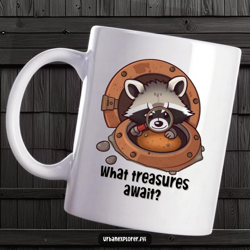 Funny kawaii mug with a raccoon peering into a rusty manhole with a magnifying glass, looking very curious and determined.