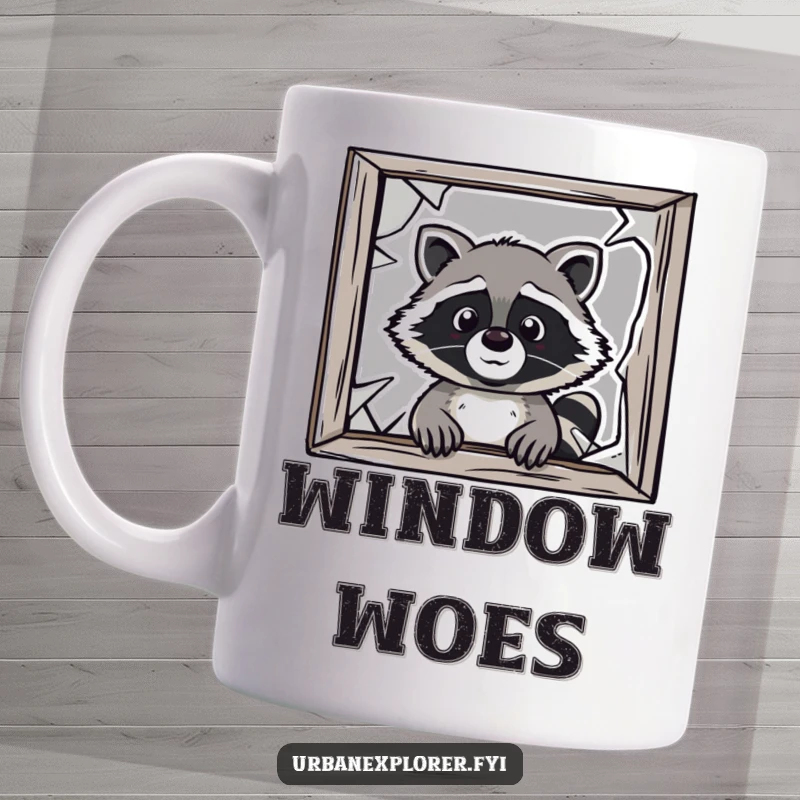 Funny raccoon mug, cartoon raccoon peeking through a broken window, mischievous animal, humorous mug, gift for raccoon lover.