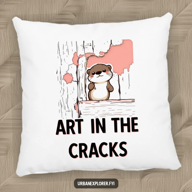 Funny Otter Pillow: A cute cartoon otter nestled amongst peeling paint textures on a vintage structure, providing soft, humorous decor.