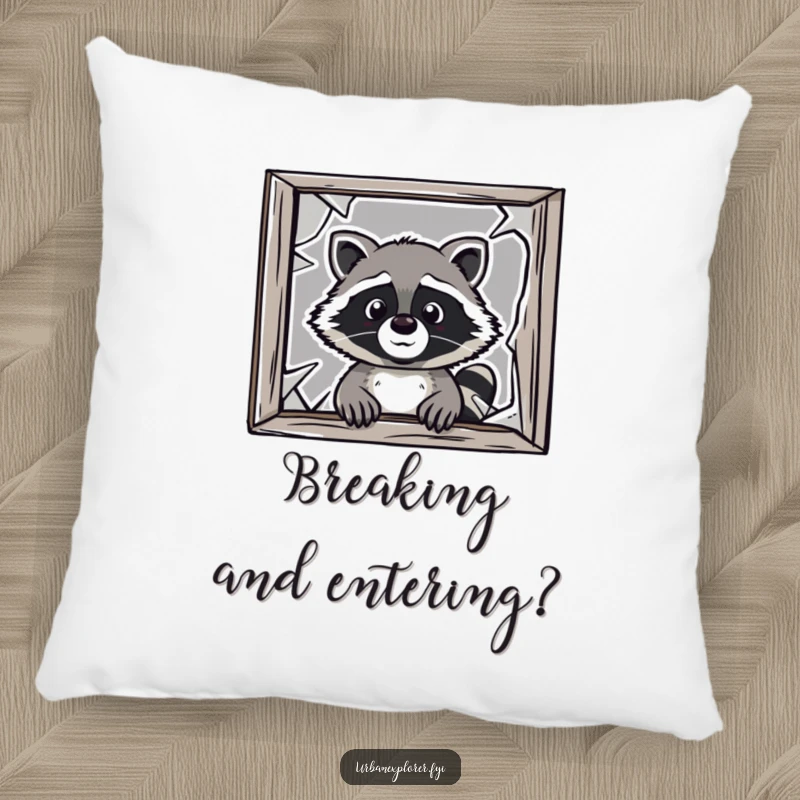 Funny raccoon pillow, cartoon raccoon peeking, soft decorative cushion, humorous animal decor, gift for raccoon enthusiast.
