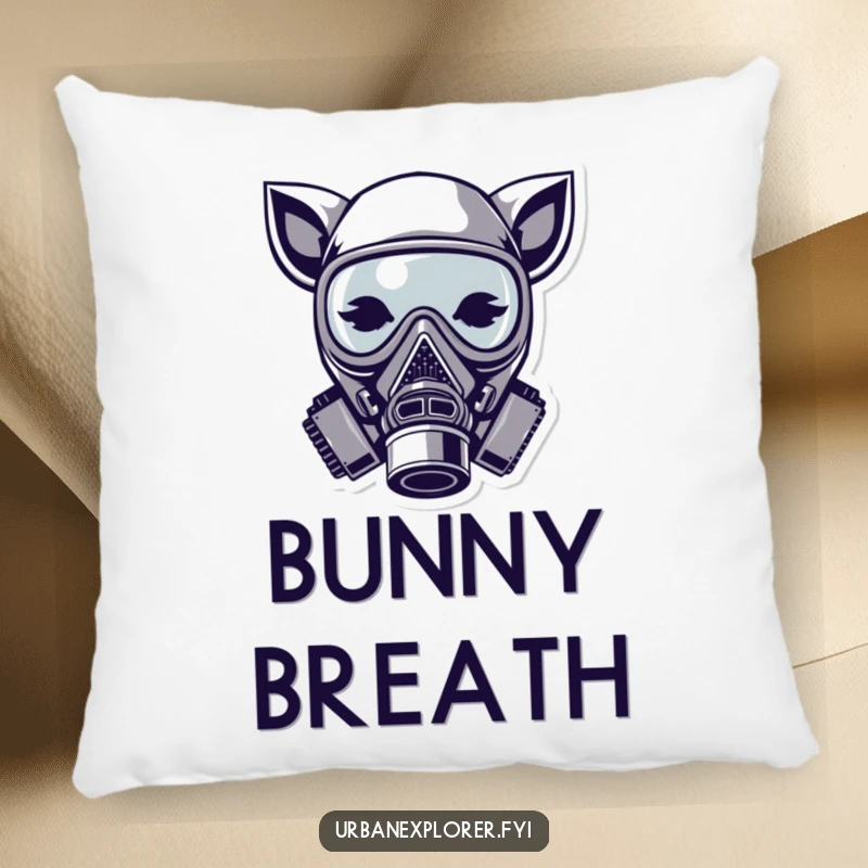 Funny gas mask pillow, cute animal ears, stylized cushion, decorative accent pillow, humorous home decor gift.