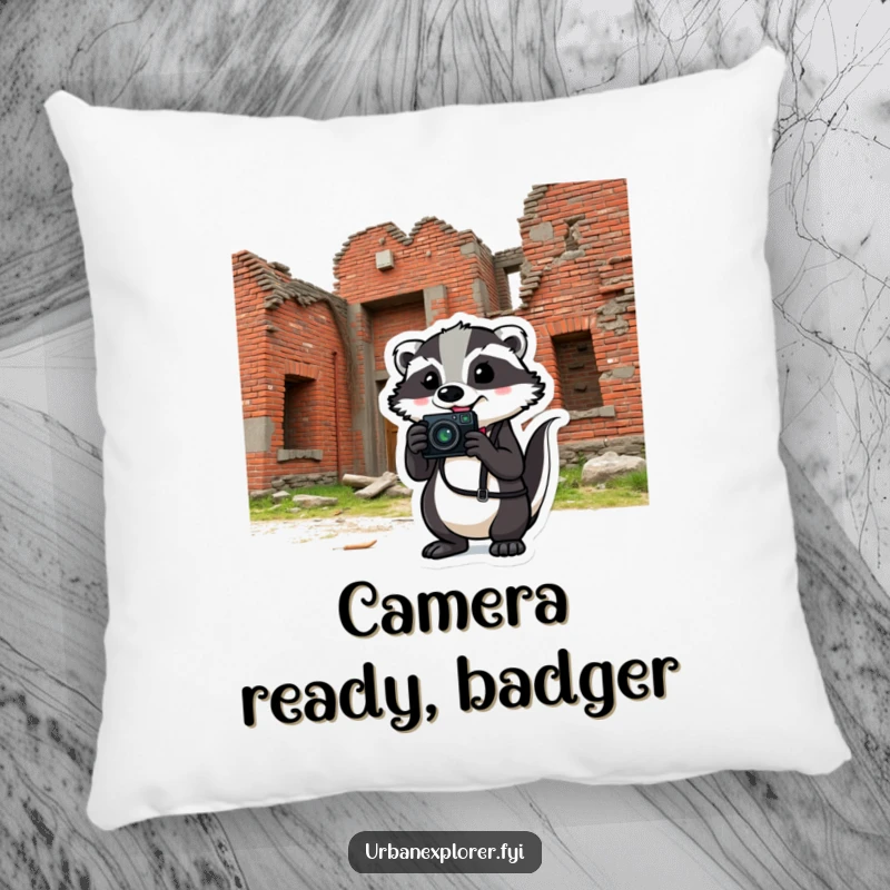 Comical badger holding a camera in front of a crumbling brick building, resting on a pillow, adding cozy humor.