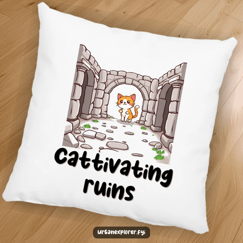 Funny Cat Pillow: A lighthearted cartoon cat nestled amongst historical ruins, offering soft, humorous comfort.