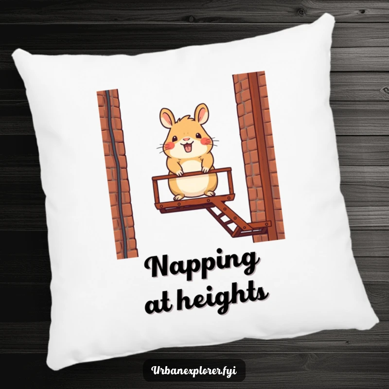 Funny pillow with a plush, happy capybara character balancing on a rusty fire escape, bringing comfort and laughter.