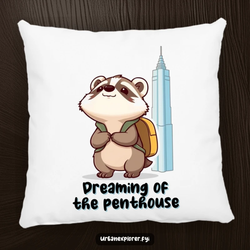 Funny Kawaii badger with a backpack, looking up at a tall building, soft and plush pillow for comfort and inspiration.