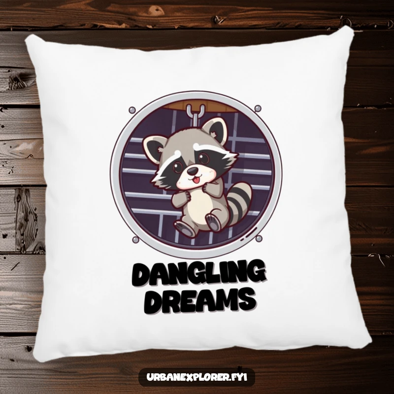 Funny, soft pillow featuring a raccoon hanging from a ventilation grate, offering comfort and humor for any room.