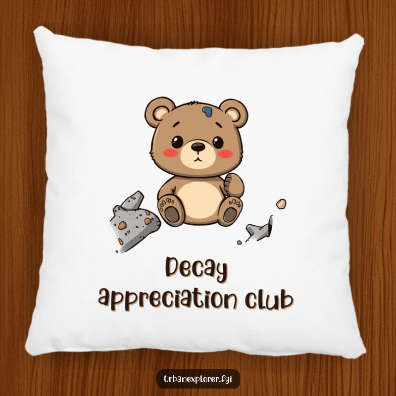 Funny Bear Pillow: A whimsical cartoon bear nestled against industrial decay textures, offering soft, humorous comfort.