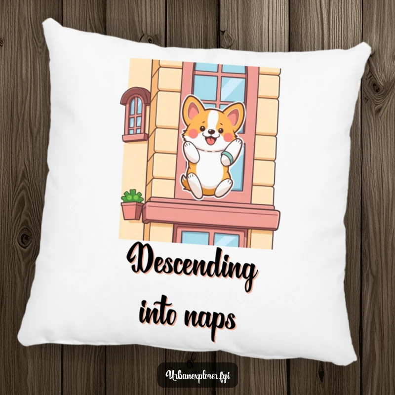 Funny corgi pillow, a fluffy corgi enthusiastically rappelling down a stylized building facade, a soft decorative item.