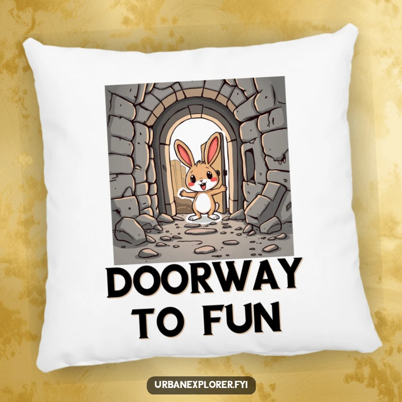 Funny Rabbit Pillow: A silly cartoon rabbit nestled near a hidden doorway in an abandoned city, offering cozy, humorous comfort.