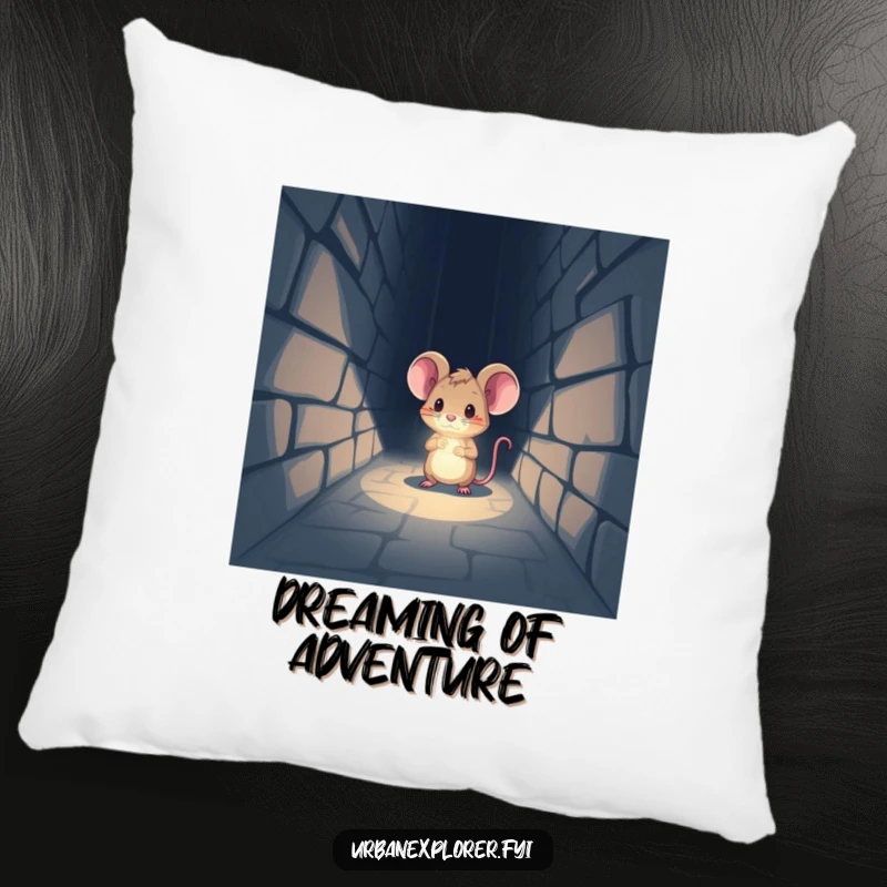 Funny Pillow: A tiny mouse with a headlamp shines its beam into a dark alleyway, offering cozy charm.