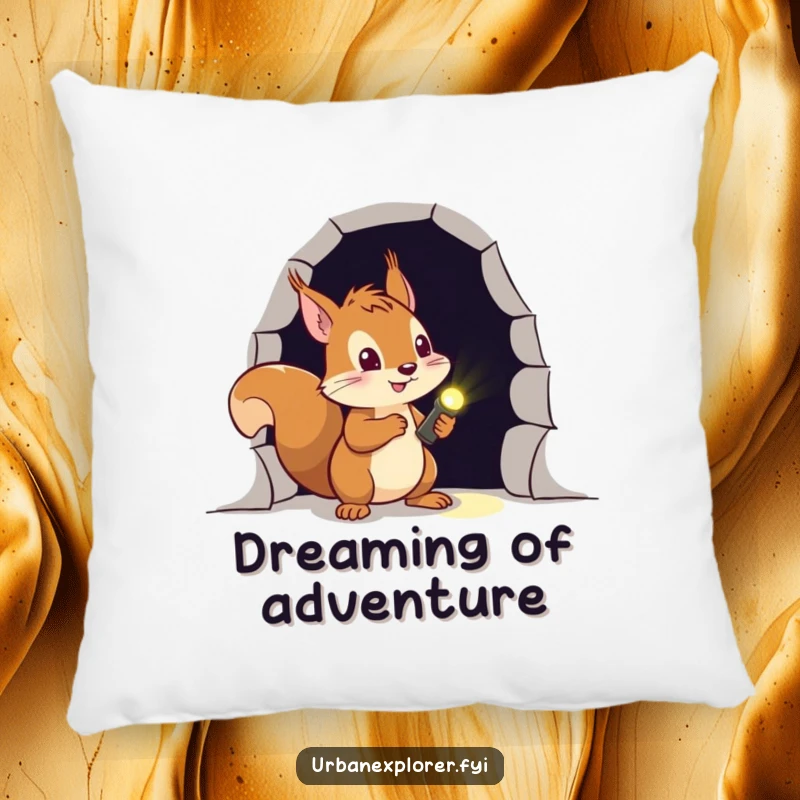 Funny squirrel pillow featuring a brave explorer with a flashlight, preparing to enter a dark, shadowy doorway.