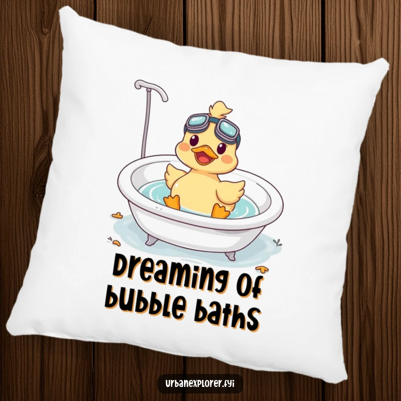 Funny Kawaii duck with goggles, happily floating in a bathtub, soft and plush pillow for comfort and humor.