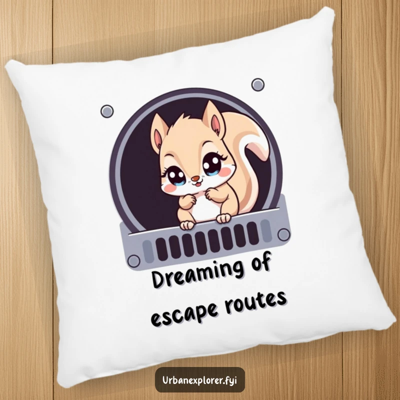 Funny Kawaii squirrel peeking through a ventilation grate, soft and plush pillow designed for comfort and humor.