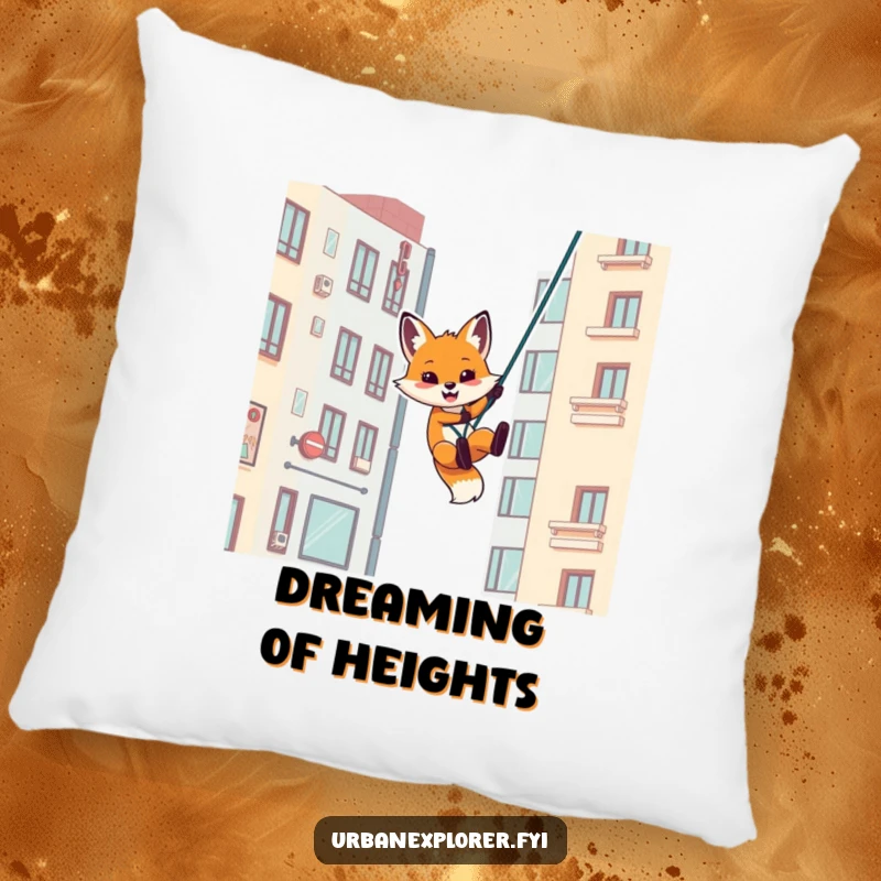 Funny pillow with a playful fox rappelling down an urban building, offering comfort and humorous urban flair.