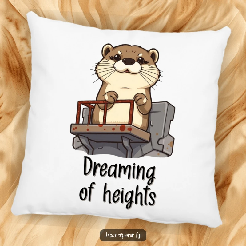 Funny determined otter scaling a rusty fire escape, printed on a plush decorative pillow.