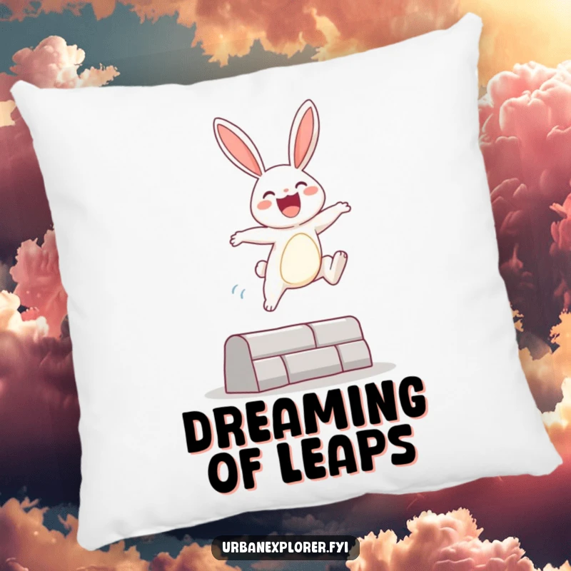 Funny Pillow featuring a joyous bunny character leaping over an urban obstacle, offering comfort and a splash of cheerful, playful energy.