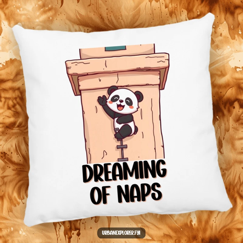 Funny kawaii pillow with a panda joyfully scaling a weathered building facade, embodying cute determination and happiness.