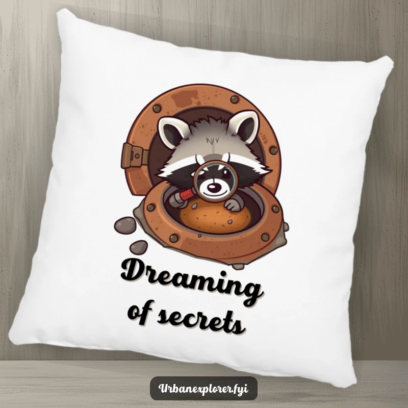 Funny kawaii pillow with a raccoon using a magnifying glass to examine a rusty manhole, radiating cute curiosity.