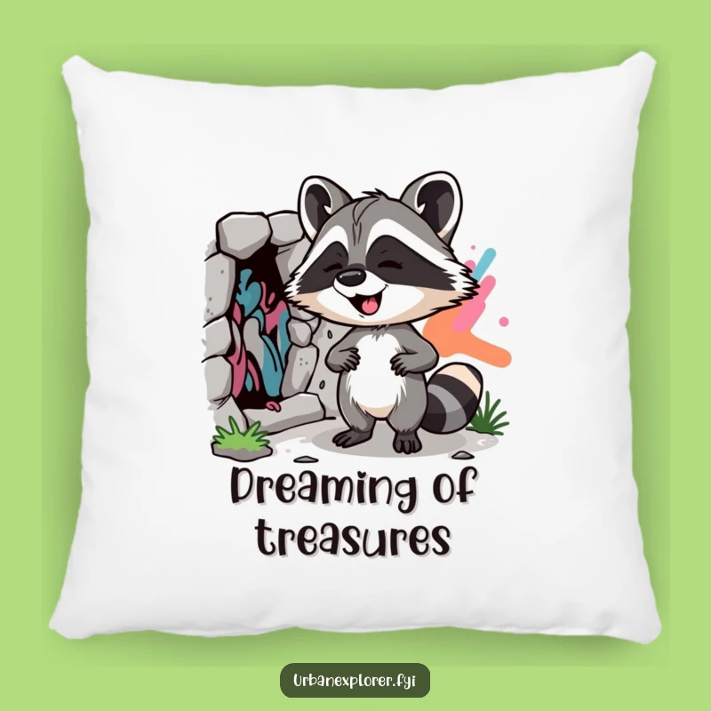 Funny Raccoon Street Art Pillow: Cozy cushion with a cheeky discoverer, ideal funny gift