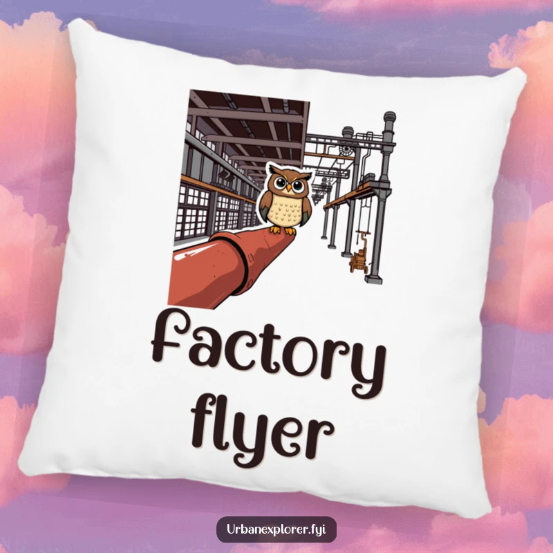 Cheerful owl perched on a rusty pipe in an industrial complex, resting on a pillow, adding cozy humor.