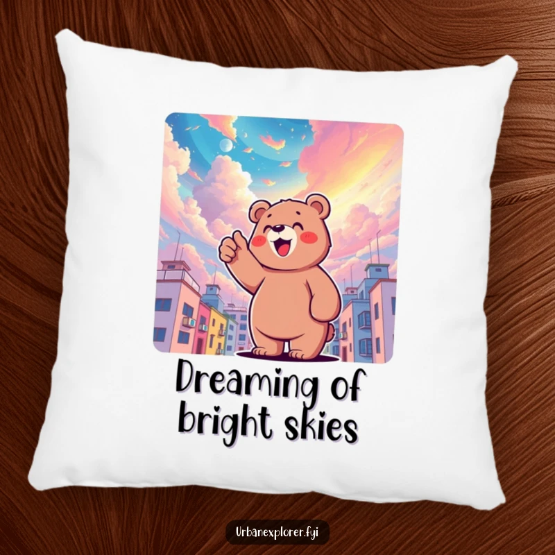 Funny bear character pointing upwards at a surreal, colorful sky above buildings, depicted as comfy and whimsical, perfect for a funny gift pillow.