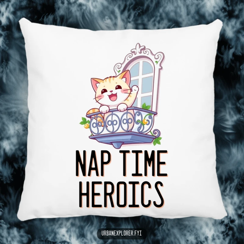 Funny cat pillow showing a gleeful cat determinedly rappelling down a decorative balcony, offering comfort and humor.