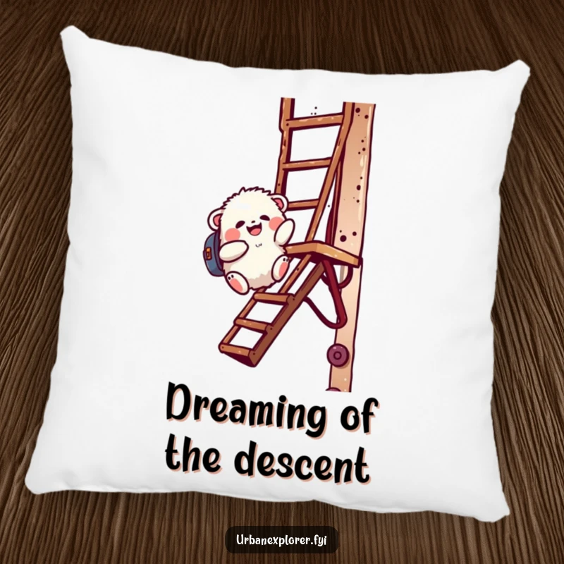 Funny pillow depicting a fluffy creature with a backpack gleefully sliding down a rusty fire escape, offering comfort and humor.