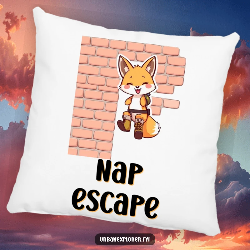 Funny fox pillow: a smiling fox in tiny boots rappelling down a brick wall, symbolizing courage and a spirit of adventure.